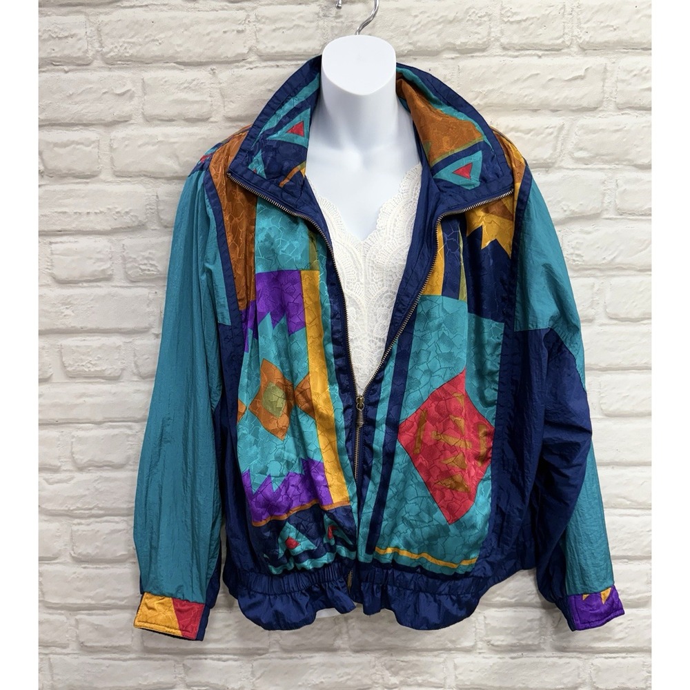 Vtg 80s 90s Winterset Windbreaker Jacket Womens Large Aztec Geometric Colorblock